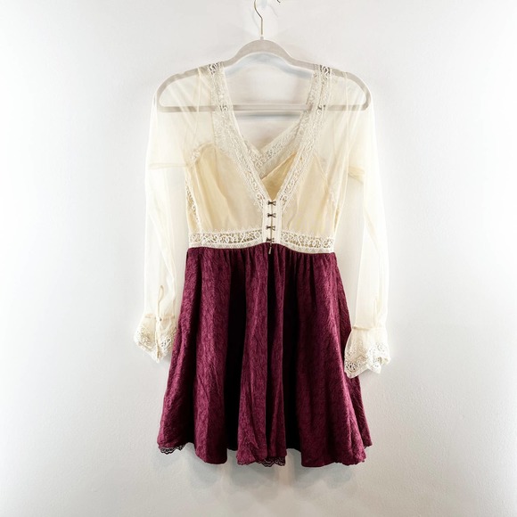Free People V for Victoria Embroidered Lace Sleeve Mini Dress Ivory / Maroon 2 - Picture 13 of 15